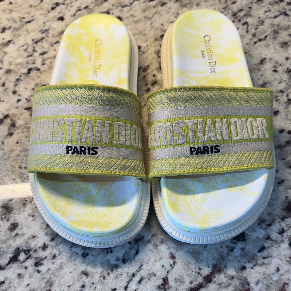 Dior Yellow and White Embroidered Logo Slide Sandals